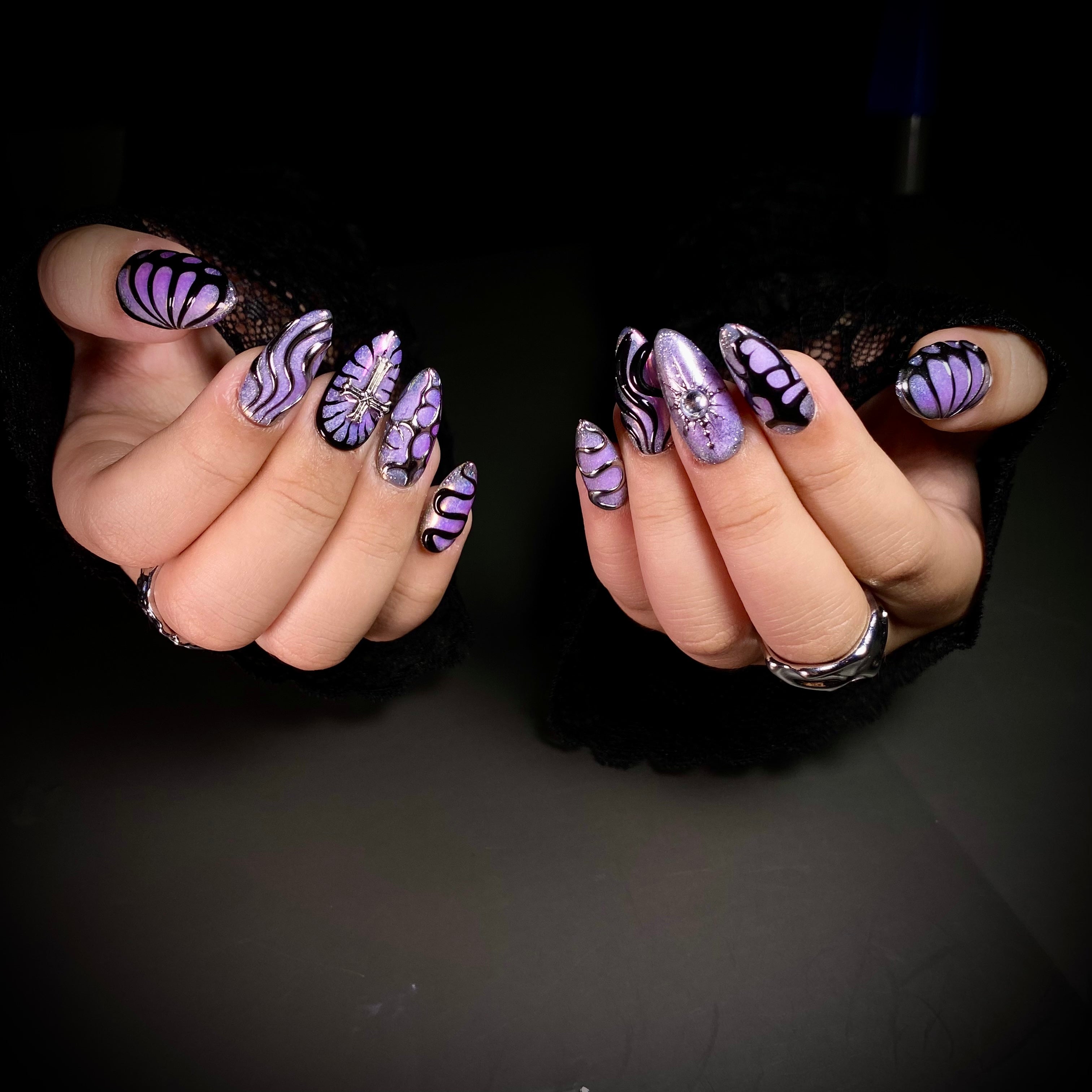 Purple Chrome Press-On Nails, Gothic Cross Butterfly Fake Nails in Dark Mirror Finish