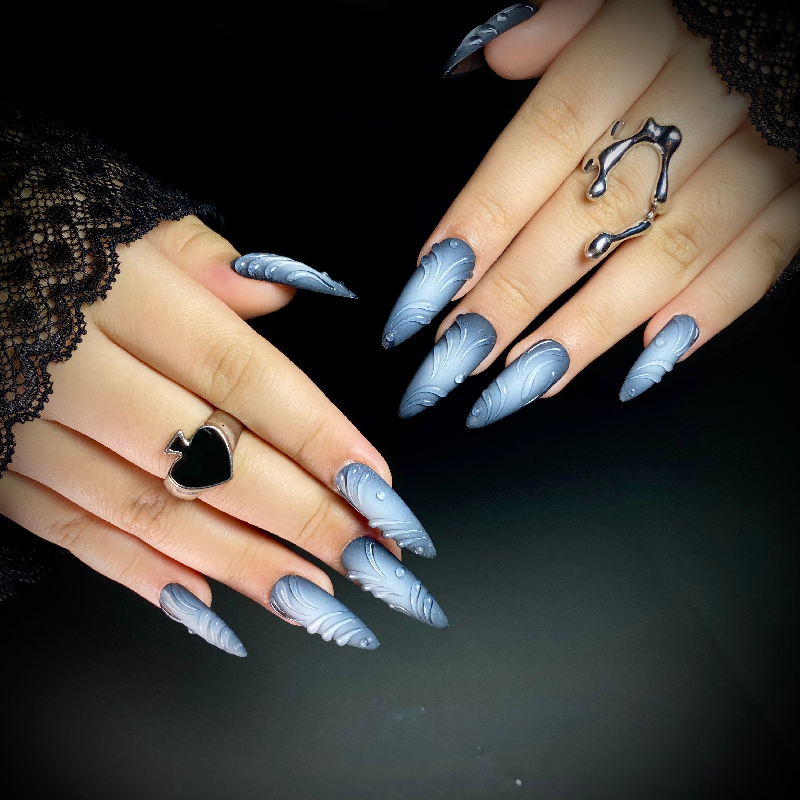 Midnight Mist Press-On Nails – Black Ombre 3D Fake Nails