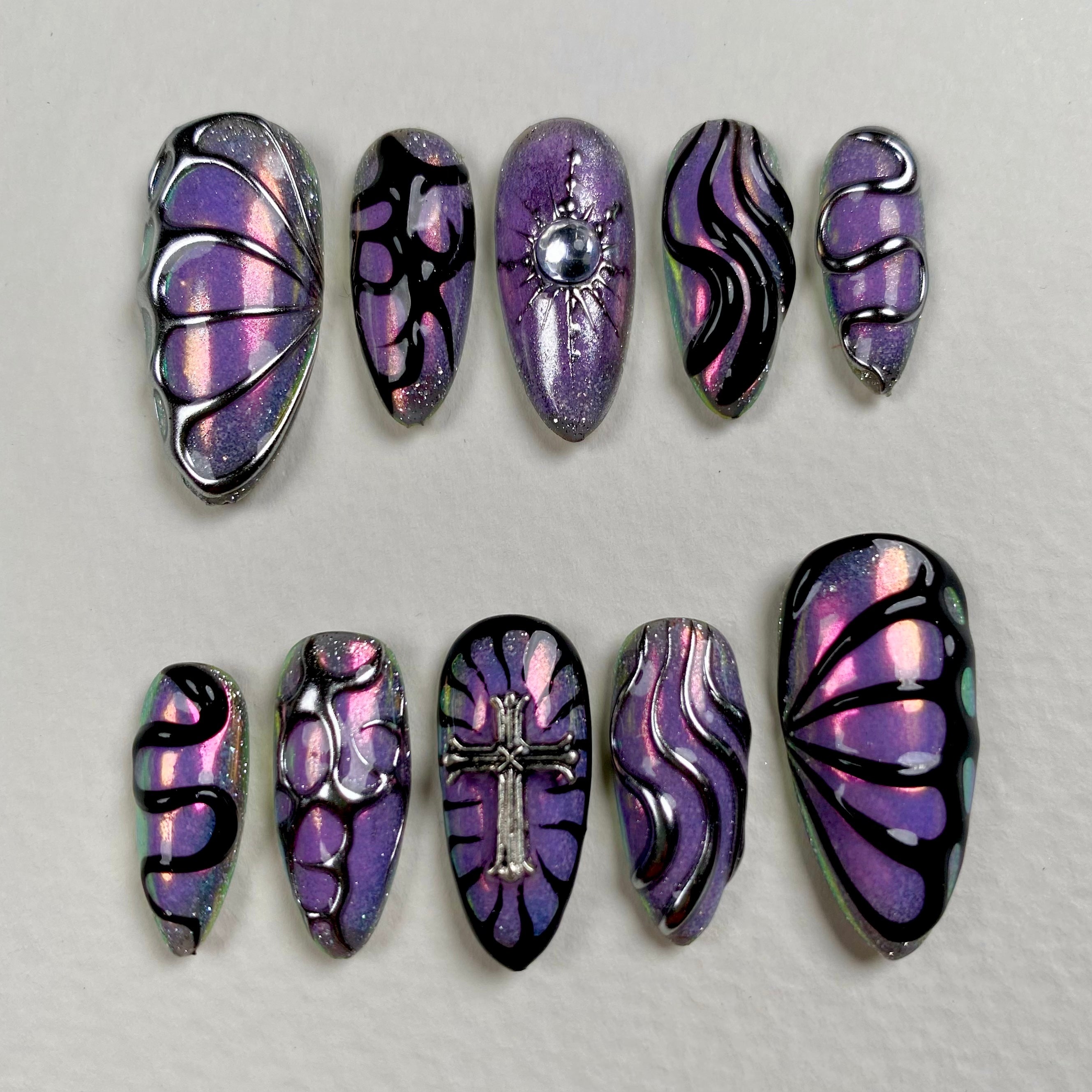 Purple Chrome Press-On Nails, Gothic Cross Butterfly Fake Nails in Dark Mirror Finish