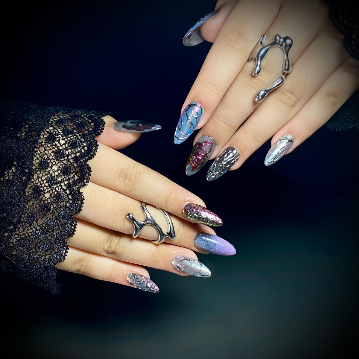 Purple Chrome Press-On Nails, Iridescent Gothic Alien Fake Nails with Bio Texture