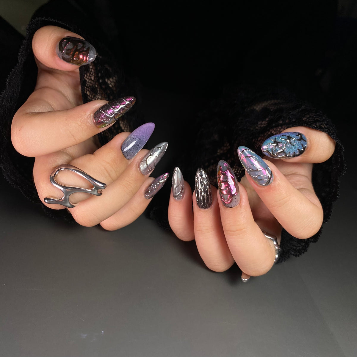 Purple Chrome Press-On Nails, Iridescent Gothic Alien Fake Nails with Bio Texture