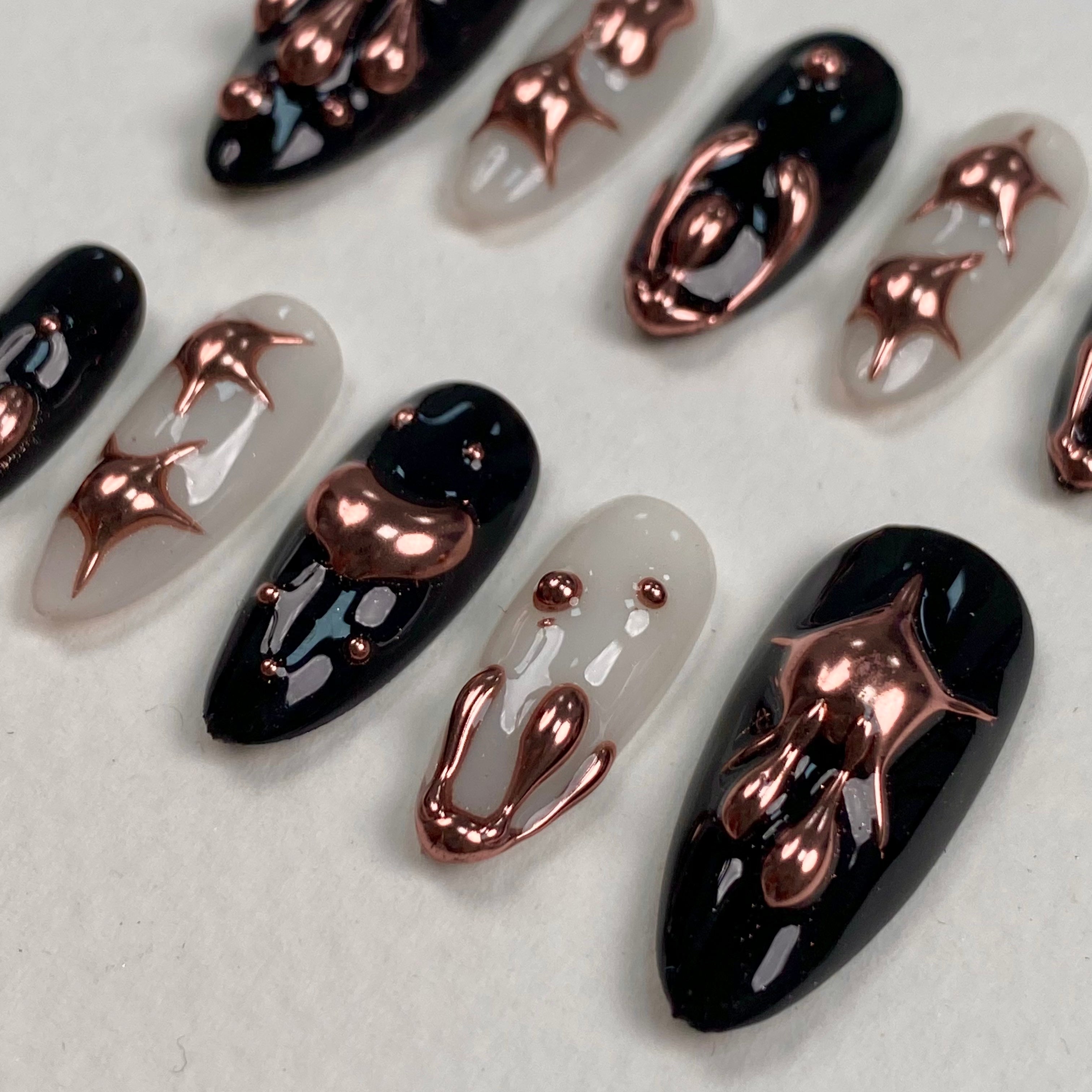 Rose Gold Chrome Press-On Nails – Black 3D Metallic Fake Nails