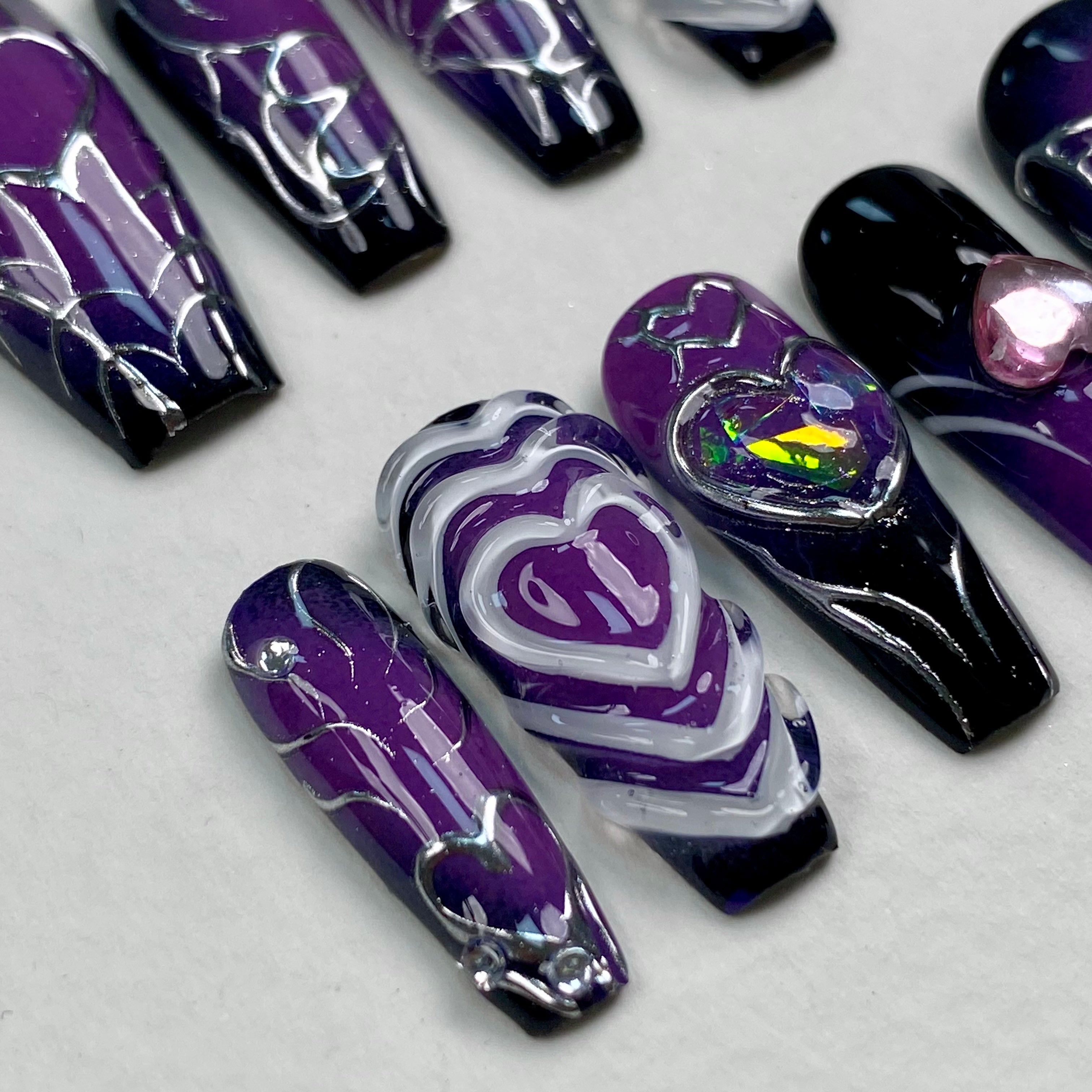 Purple Heart Press-On Nails – Y2K Chrome Gothic Fake Nails