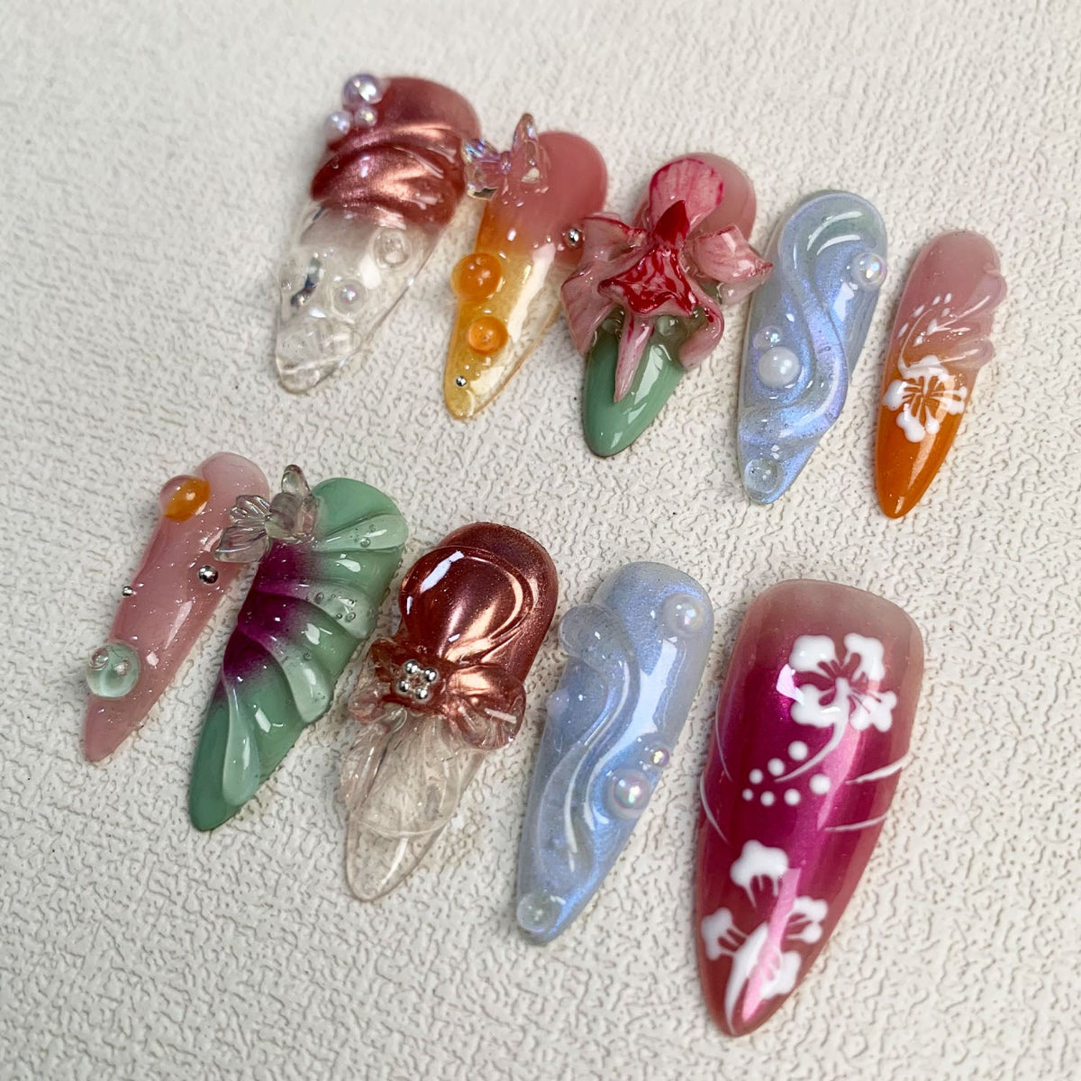 Orchids Press On Nails, Light Floral Flowers Press On Nails