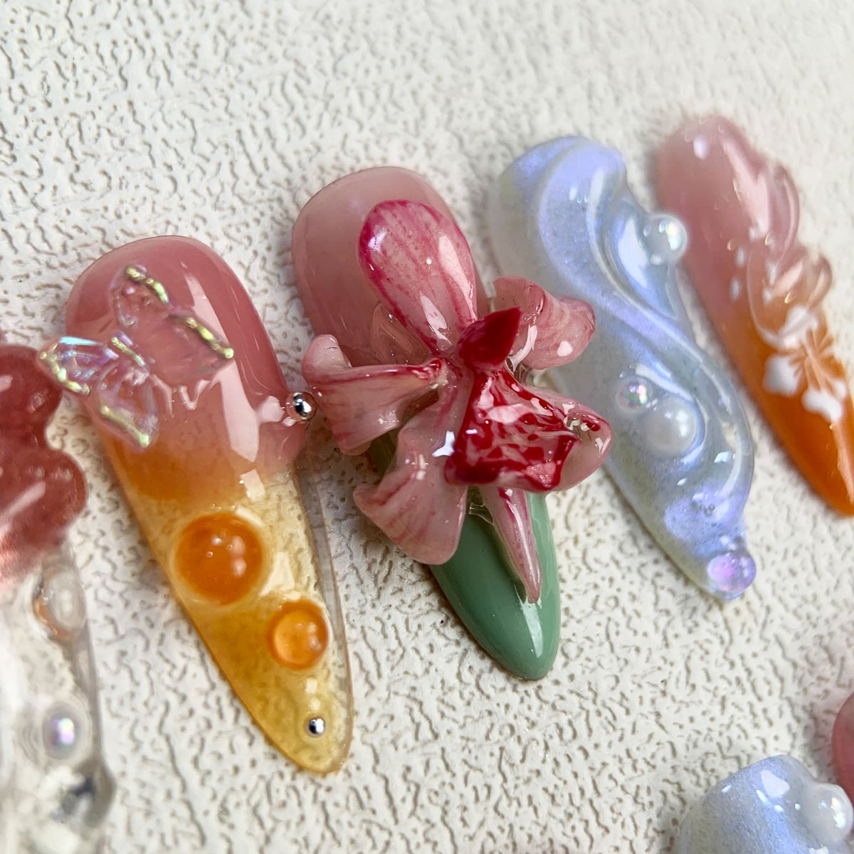 Orchids Press On Nails, Light Floral Flowers Press On Nails