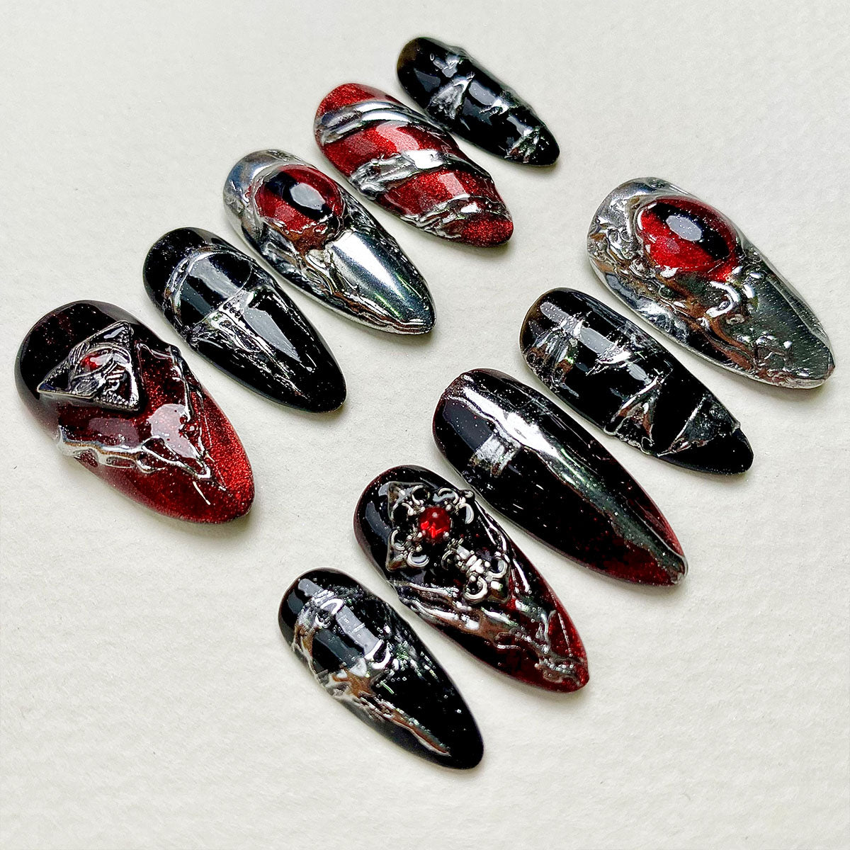 Blood Ritual Press-On Nails – Red Chrome Gothic Fake Nails with Cross and Gem Details