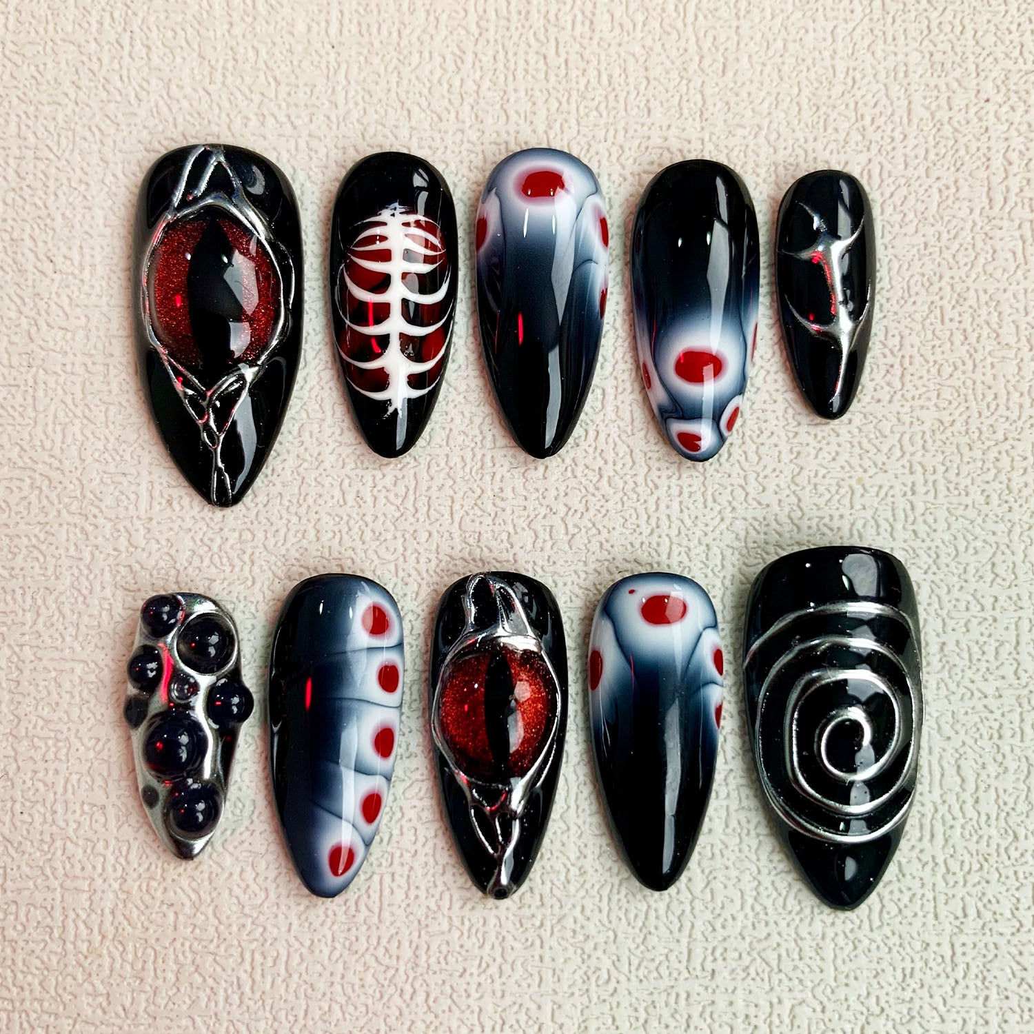 Red Eyes Press On Nails, Gothic Punk Rock Skeleton Nails, Goth Y2K Dark Black Fake Nails