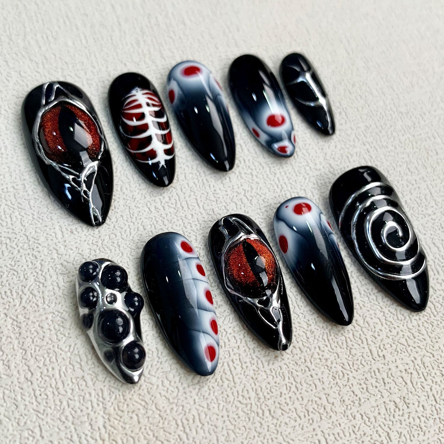 Red Eyes Press On Nails, Gothic Punk Rock Skeleton Nails, Goth Y2K Dark Black Fake Nails