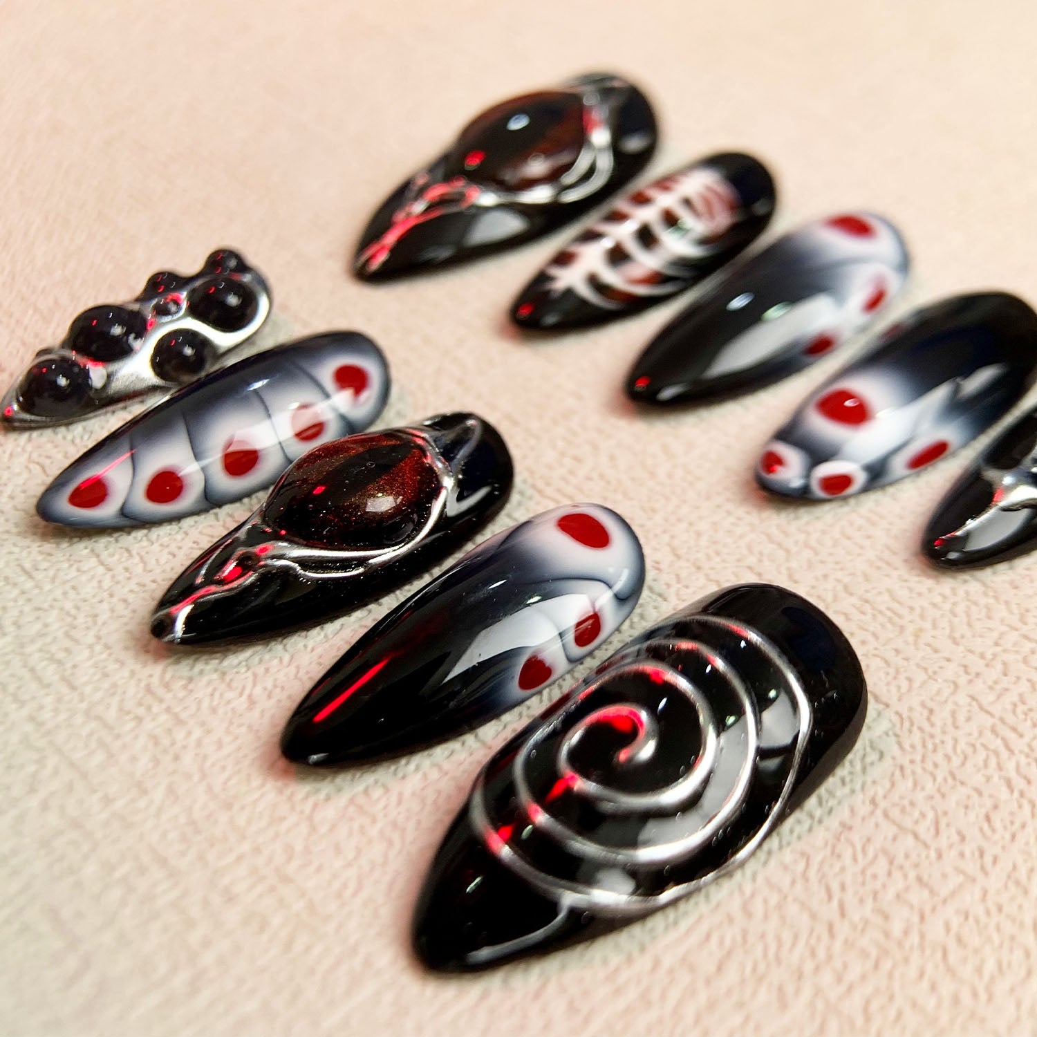 Red Eyes Press On Nails, Gothic Punk Rock Skeleton Nails, Goth Y2K Dark Black Fake Nails