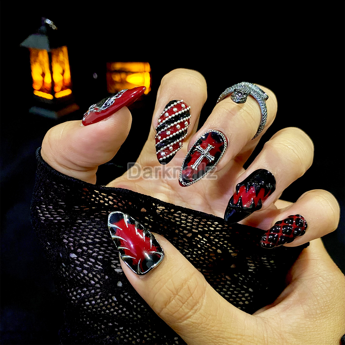 Crimson Spiked Edge Press-On Nails – Red & Black Gothic Fake Nails with Studs, Chains & Cross