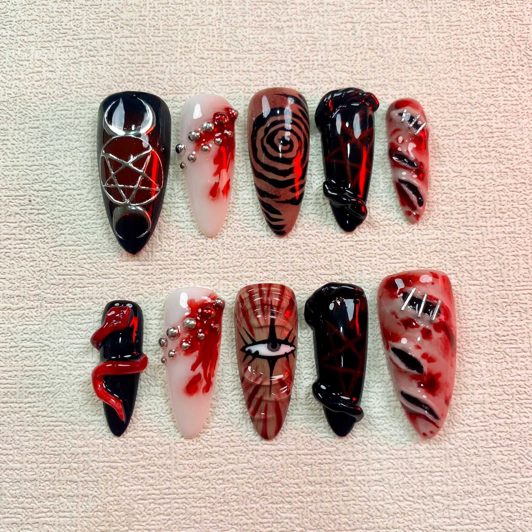 Scary Halloween Press On Nails, Gothic Punk Rock Horror Nails, Goth Blood One Eye Nails