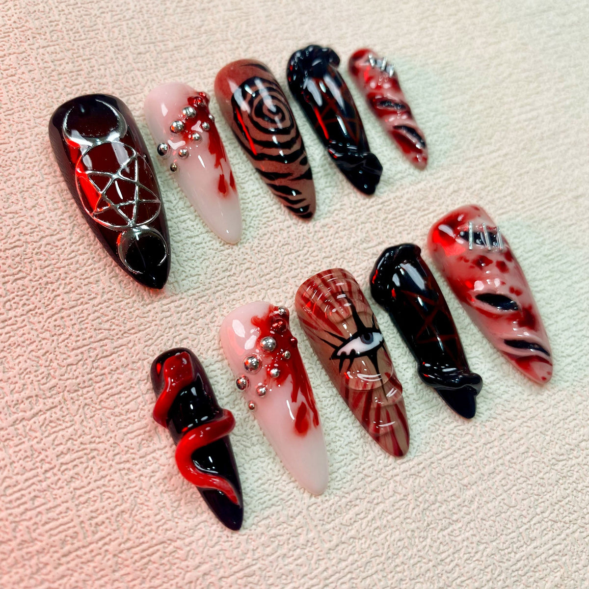 Scary Halloween Press On Nails, Gothic Punk Rock Horror Nails, Goth Blood One Eye Nails