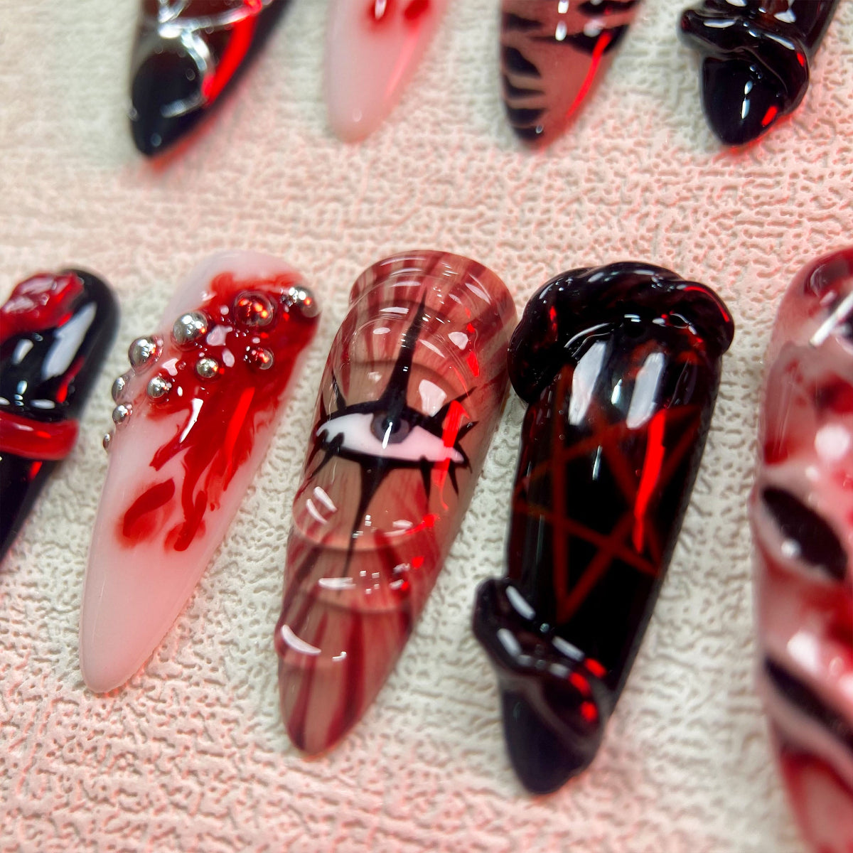 Scary Halloween Press On Nails, Gothic Punk Rock Horror Nails, Goth Blood One Eye Nails