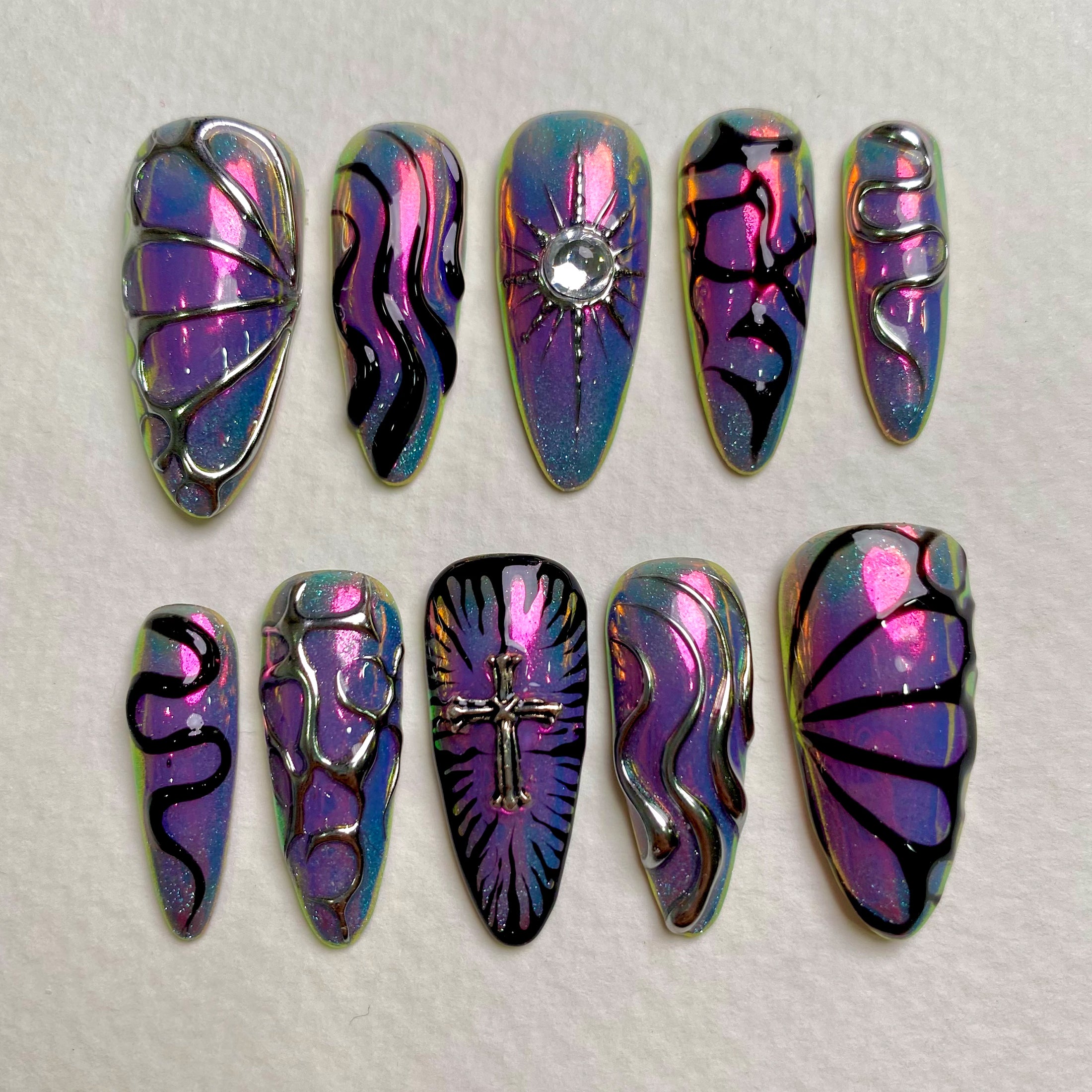 Purple Chrome Press-On Nails, Gothic Cross Butterfly Fake Nails in Dark Mirror Finish