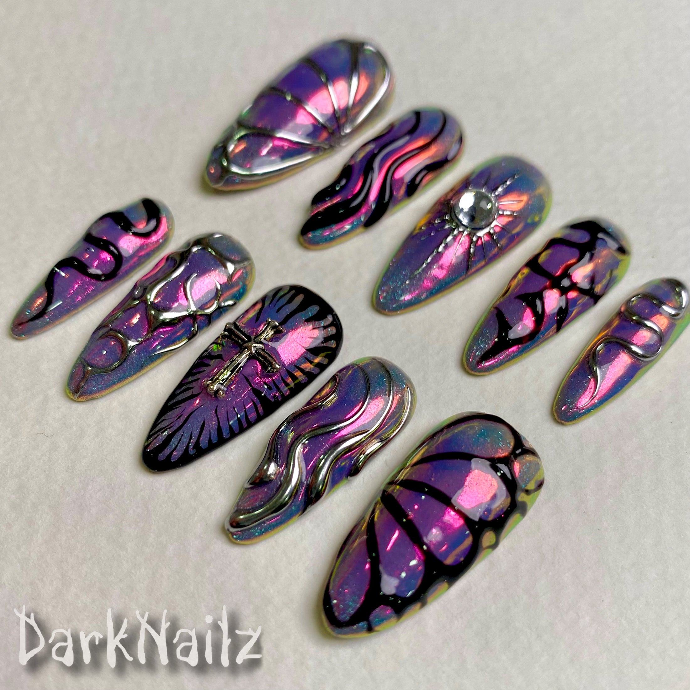 Purple Chrome Press-On Nails, Gothic Cross Butterfly Fake Nails in Dark Mirror Finish