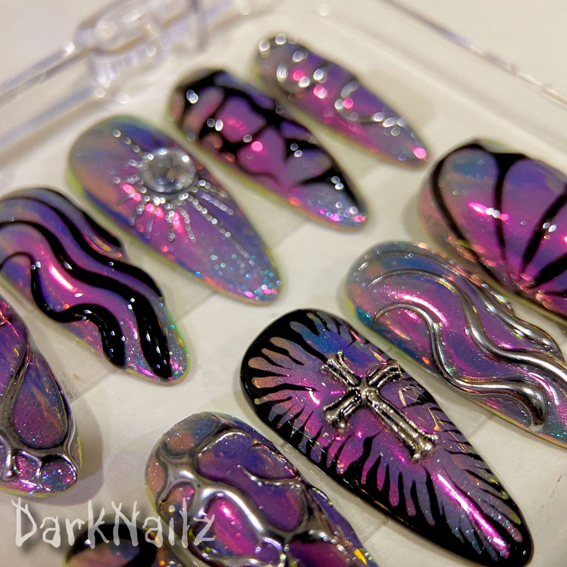 Purple Chrome Press-On Nails, Gothic Cross Butterfly Fake Nails in Dark Mirror Finish