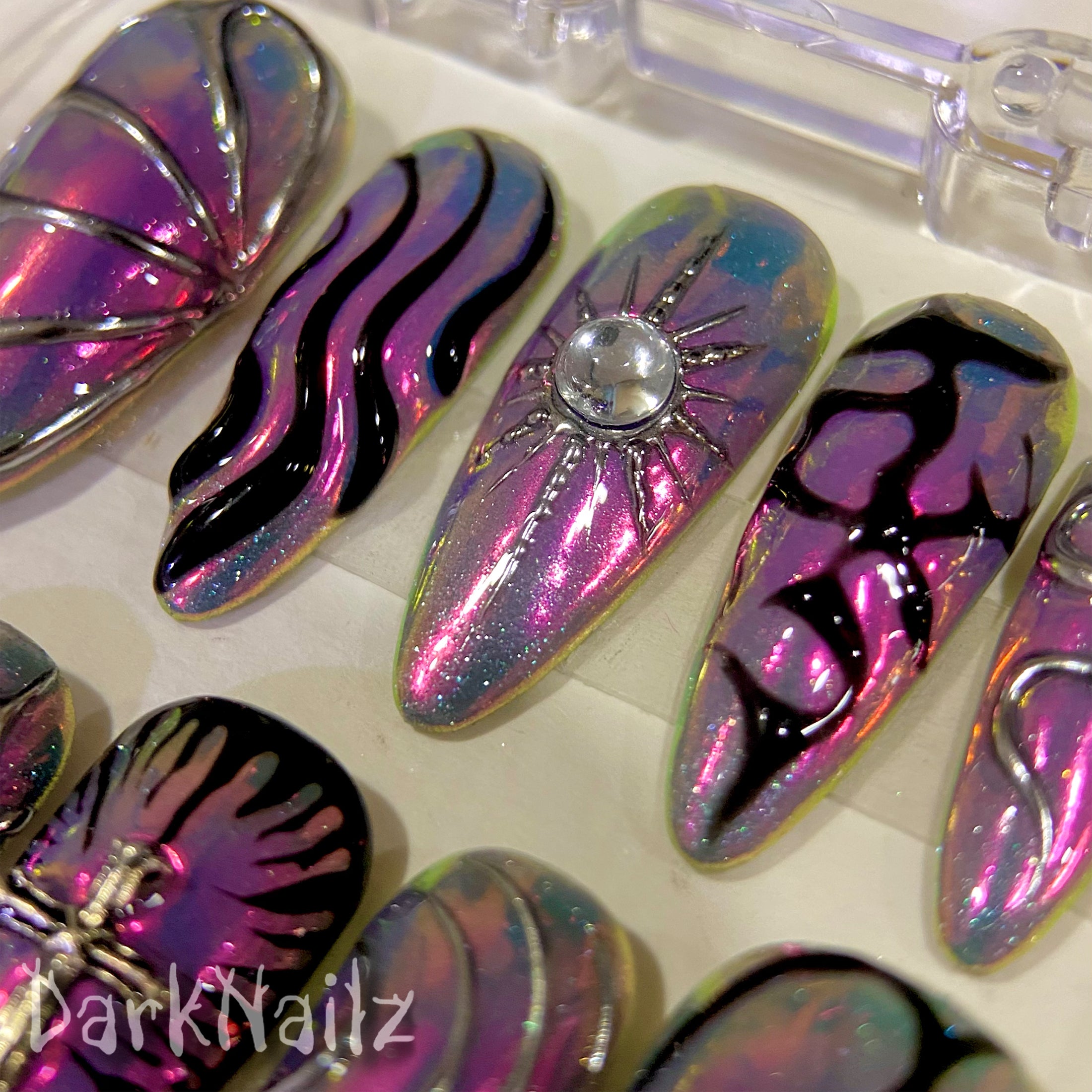 Purple Chrome Press-On Nails, Gothic Cross Butterfly Fake Nails in Dark Mirror Finish
