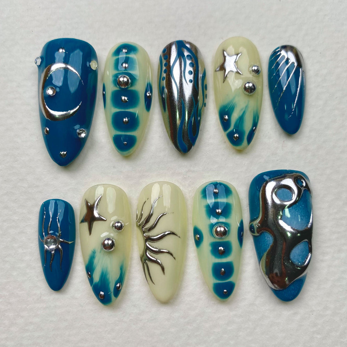 Moon Sailor Press-On Nails – Deep Blue Sky Fake Nails with Stars, Moons & Metallic Cosmic Art