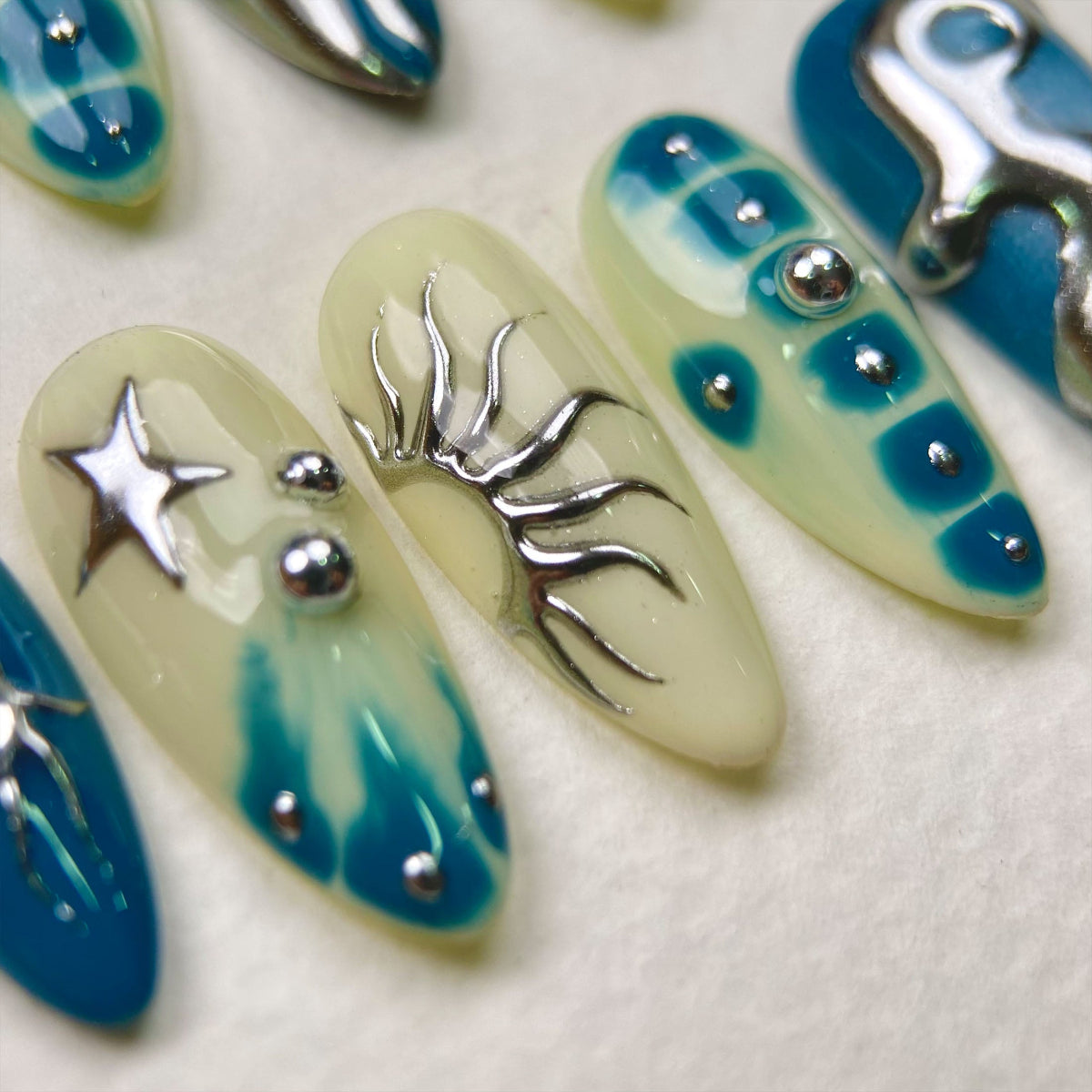Moon Sailor Press-On Nails – Deep Blue Sky Fake Nails with Stars, Moons & Metallic Cosmic Art