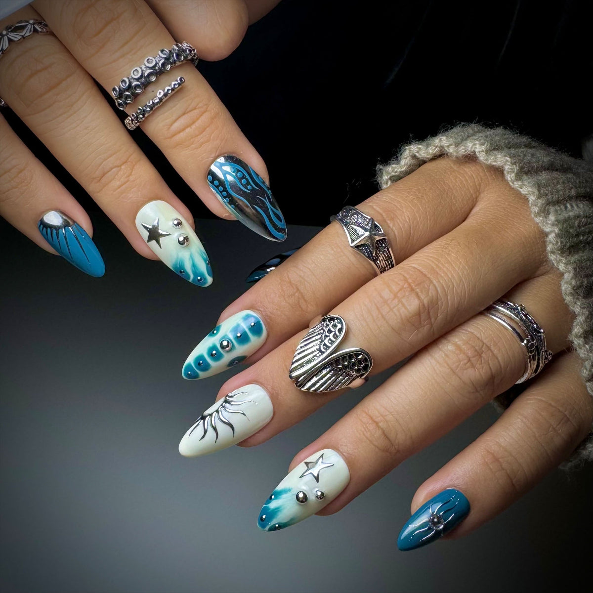 Moon Sailor Press-On Nails – Deep Blue Sky Fake Nails with Stars, Moons & Metallic Cosmic Art
