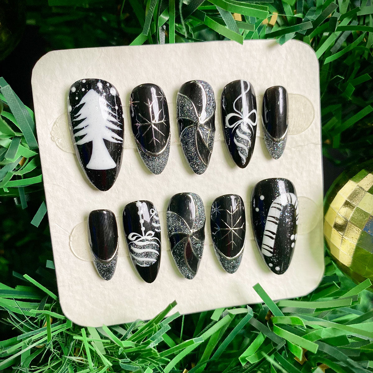 Midnight Frost Press-On Nails – Dark Winter Holiday Fake Nails Gothic Christmas