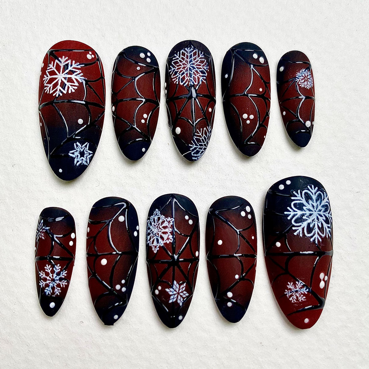 Dark Winter Web Press-On Nails – Matte Gothic Christmas Fake Nails with Snowflakes