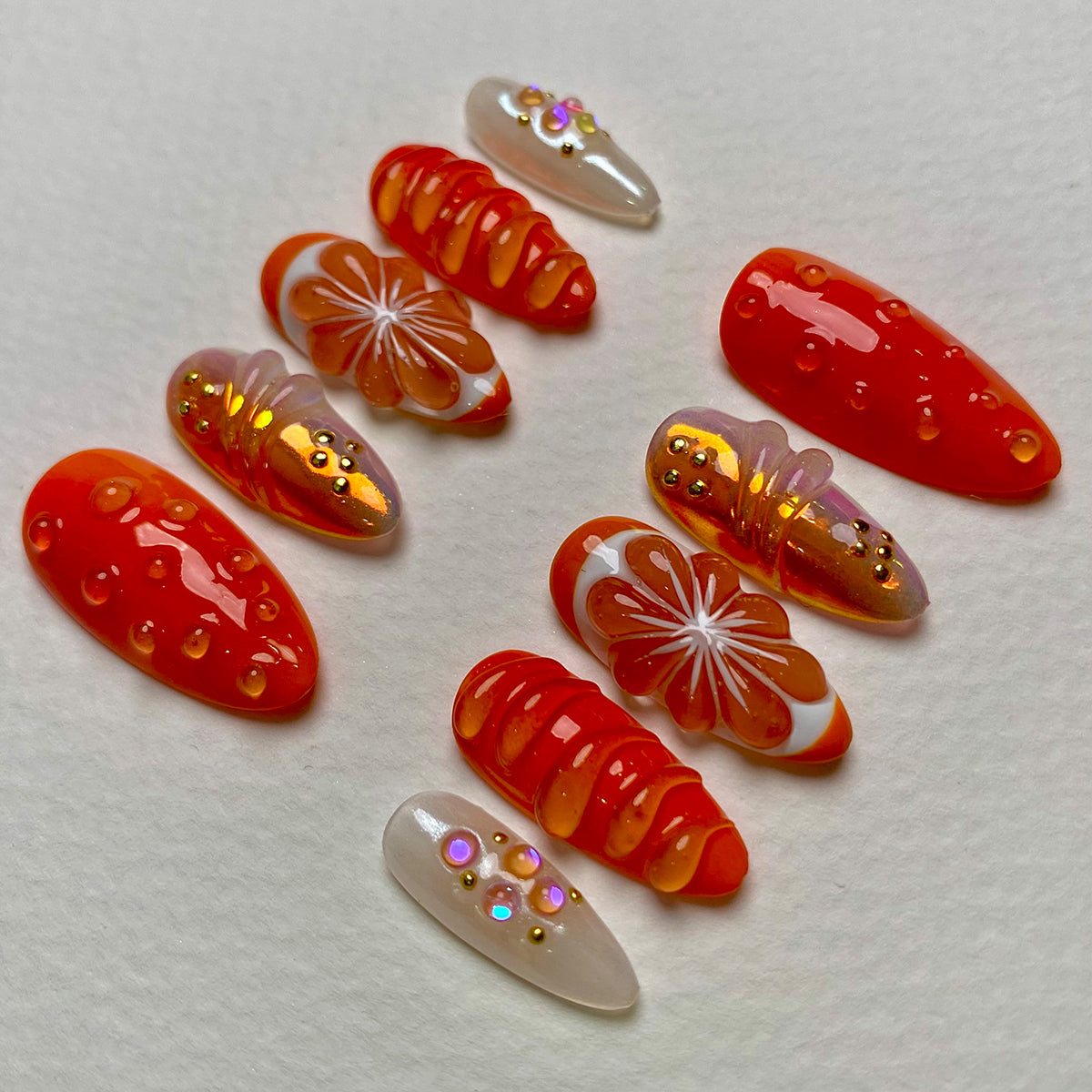 Sunburst Bloom Orange Press On Nails, Summer Cute Glossy Floral Fake Nails