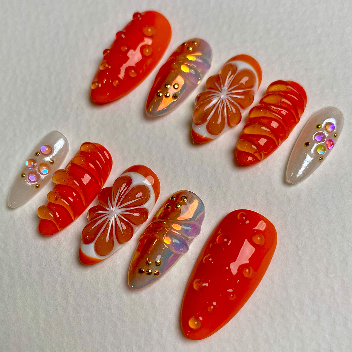 Sunburst Bloom Orange Press On Nails, Summer Cute Glossy Floral Fake Nails