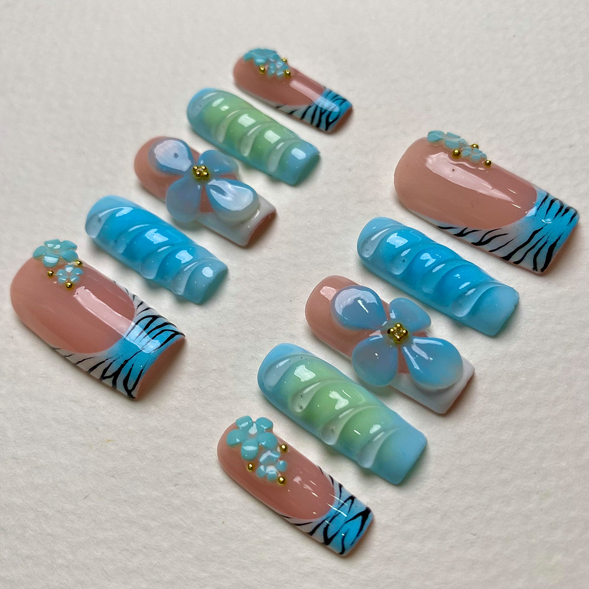 Ocean Bloom Pastel Press On Nails, Cute Blue Green Floral Fake Nails with Zebra Tips