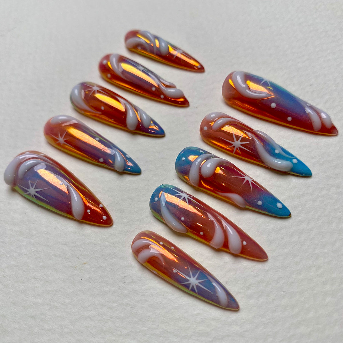 Candy Comet Swirl Press On Nails, Cute Holographic Galaxy Fake Nails in Orange Blue