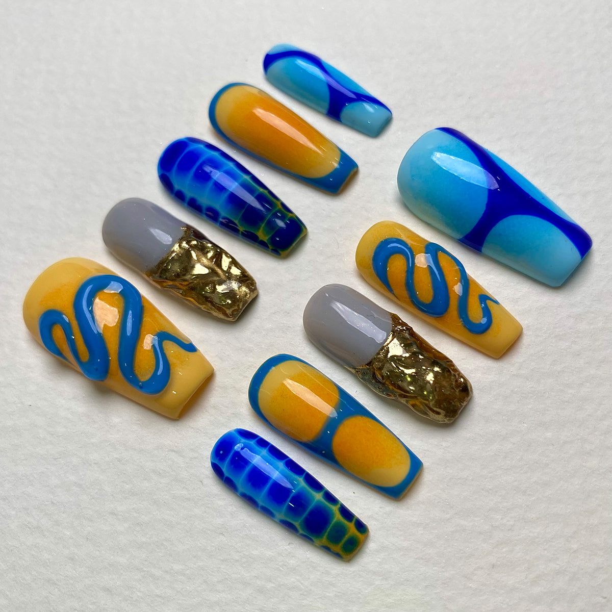 Ocean Twist Blue Yellow Press On Nails, Summer Cute Fake Nails