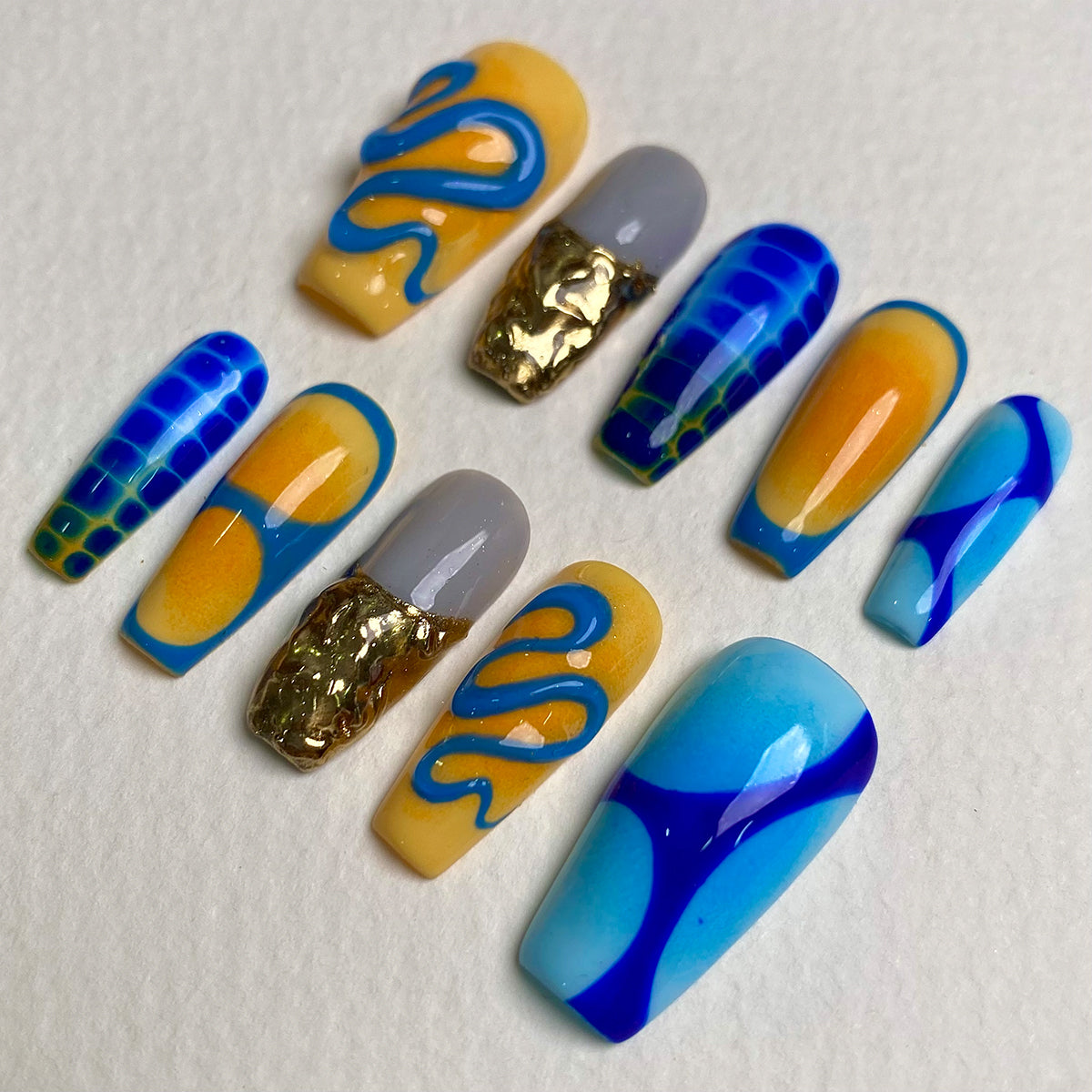 Ocean Twist Blue Yellow Press On Nails, Summer Cute Fake Nails