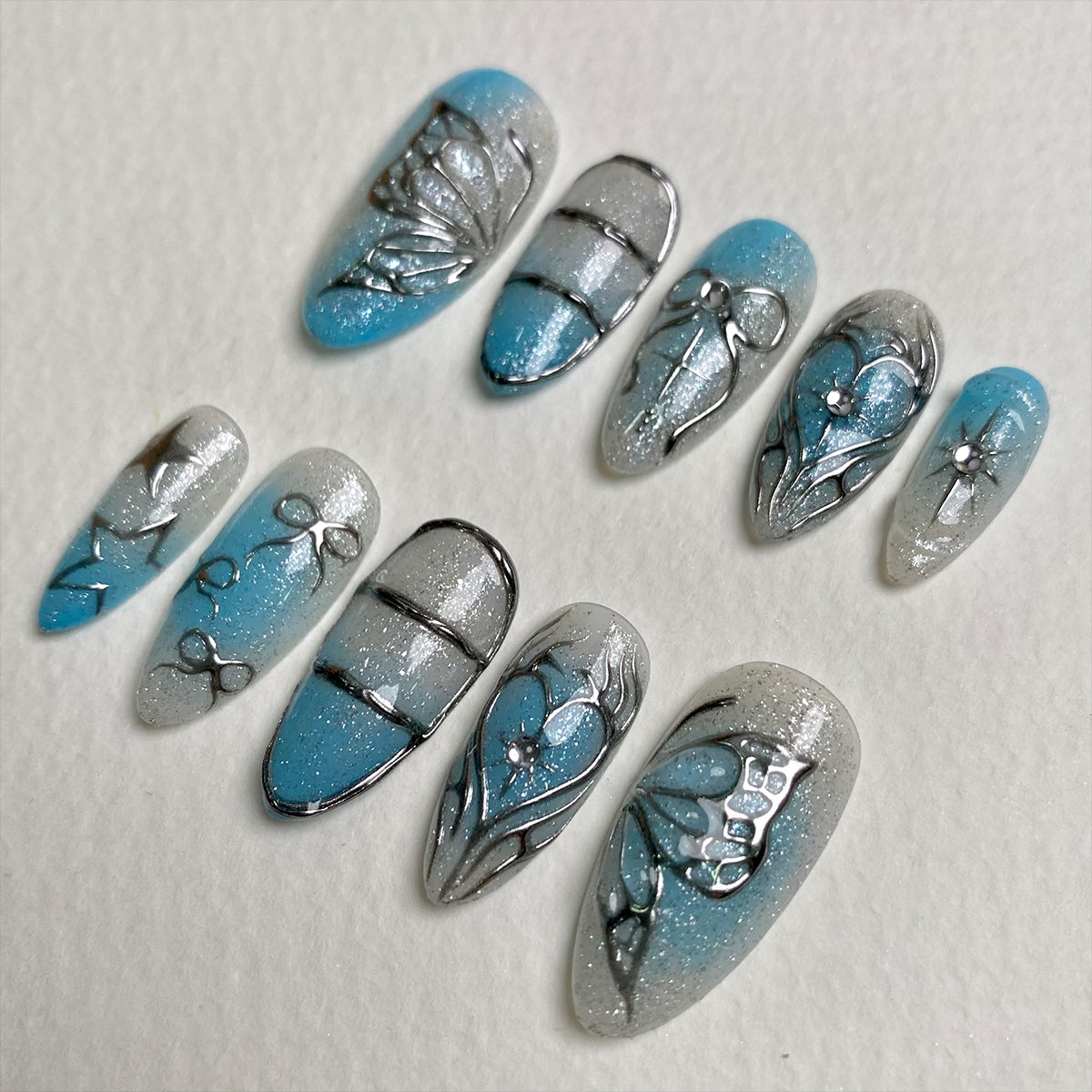Frostbite Heart Blue Glitter Press On Nails, Cute Silver Bow Fake Nails