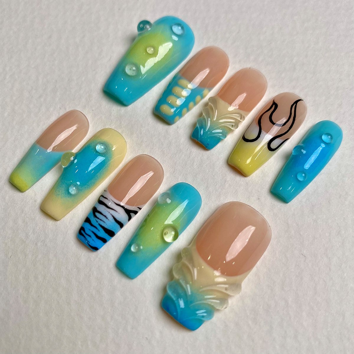 Blue Lemonade Summer Press On Nails, Ocean Cute Fake Nails with Gradient and Jelly Drops