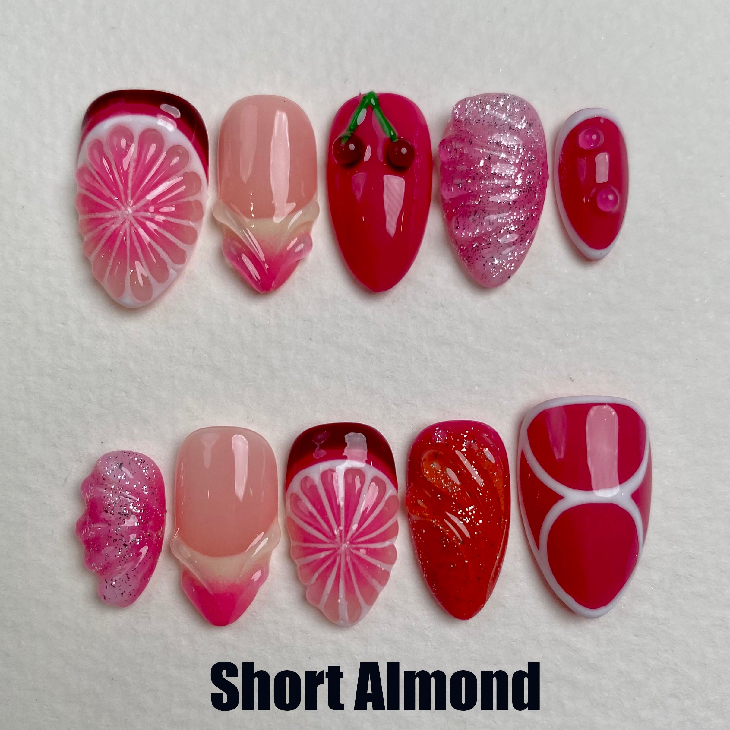 Cherry Bloom Pink Red Press On Nails, Cute Summer Fake Nails with 3D Fruit and Floral Design