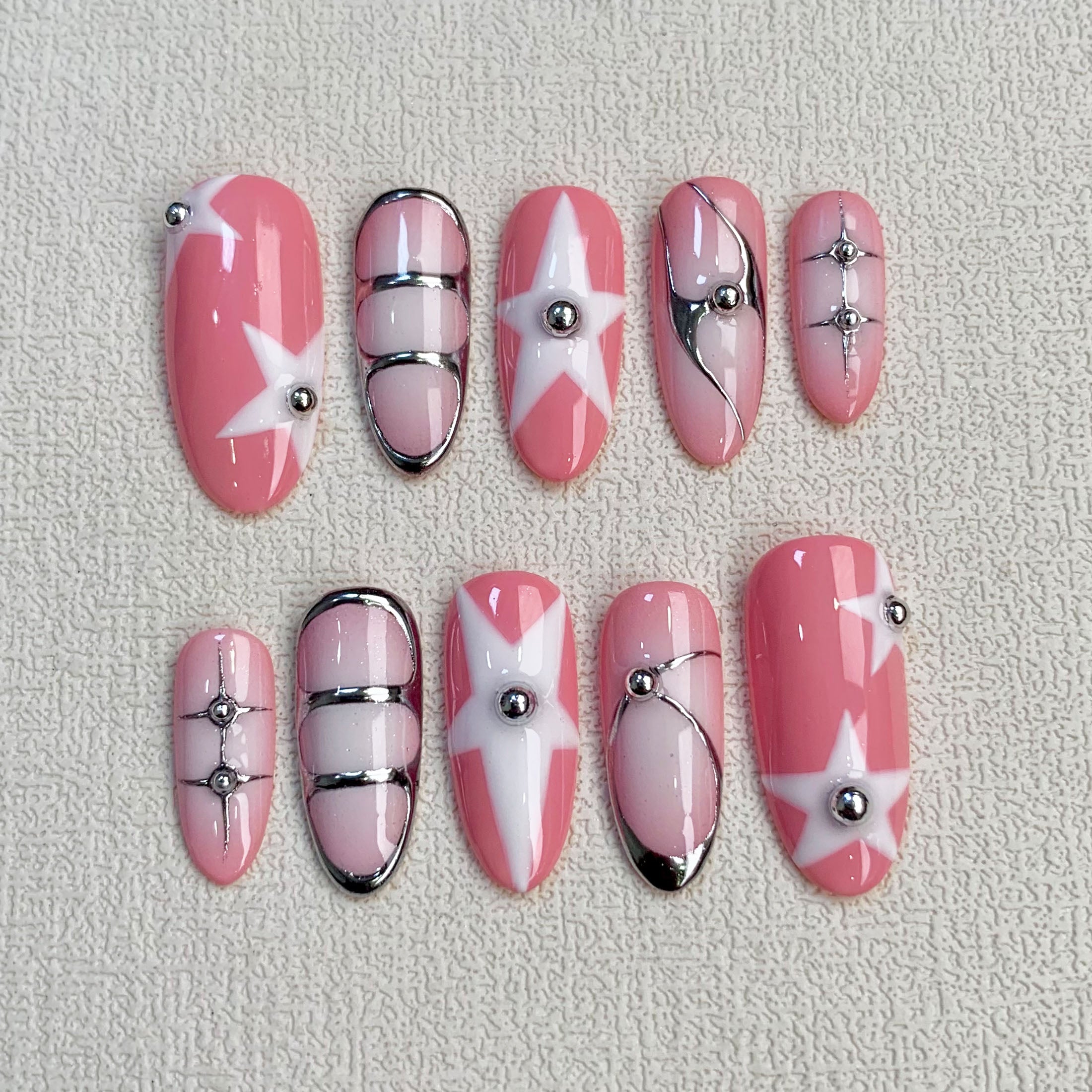 Light Pink Press On Nails, Y2K Spring Summer Stars Nails