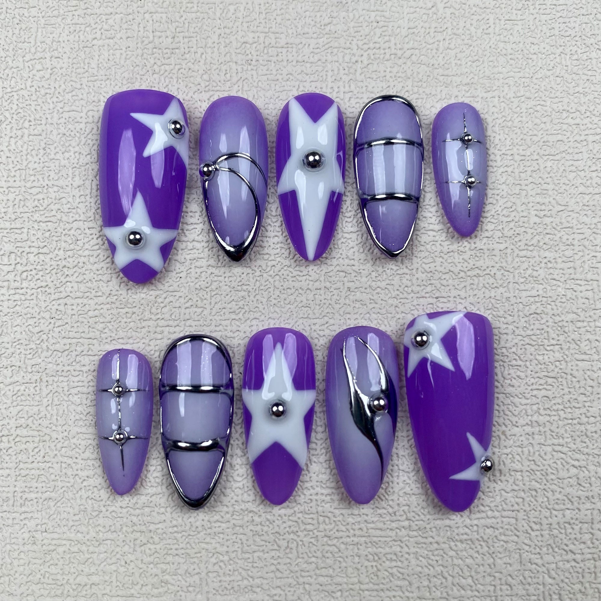 Black Purple Press On Nails, Y2K Spring Summer Stars Nails