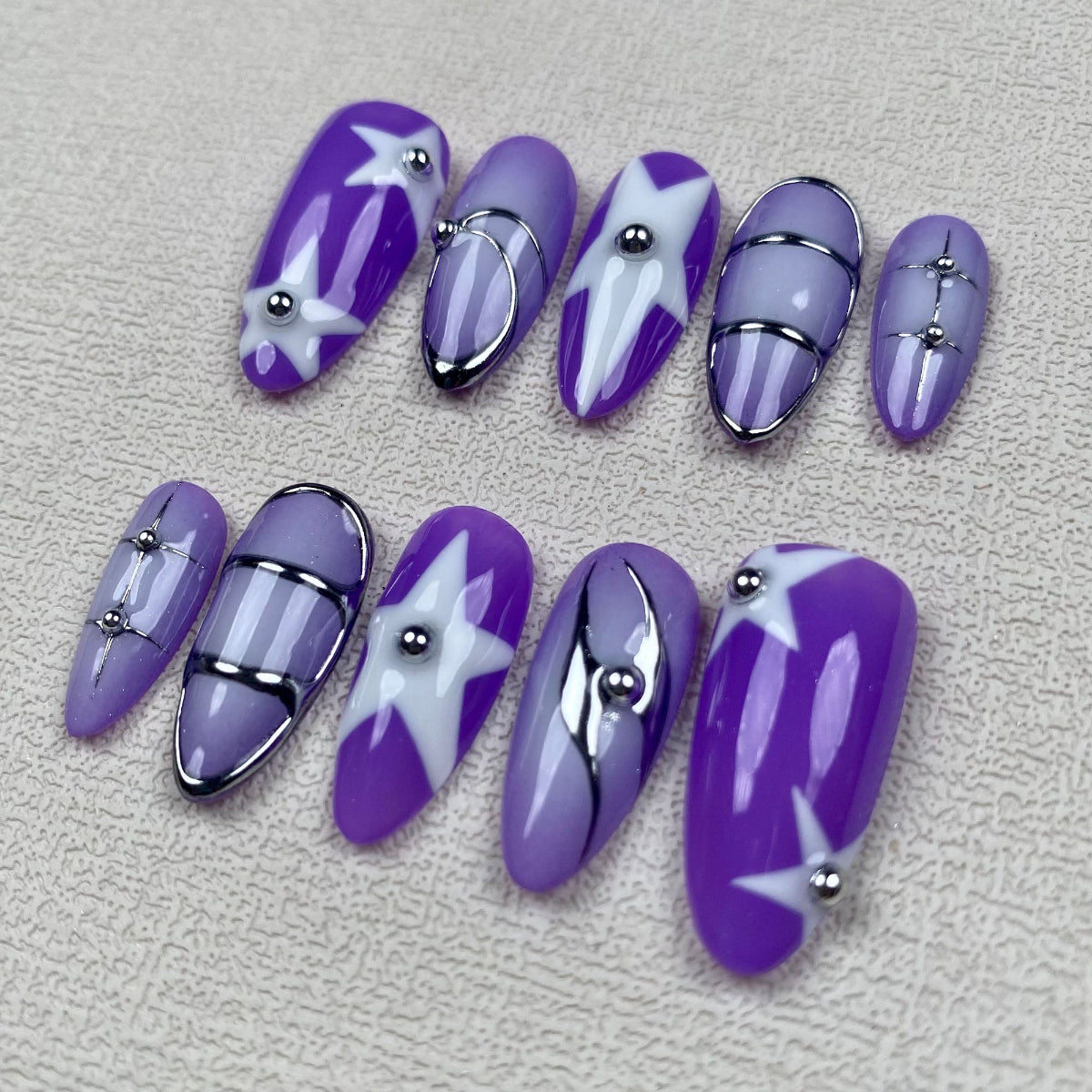 Black Purple Press On Nails, Y2K Spring Summer Stars Nails