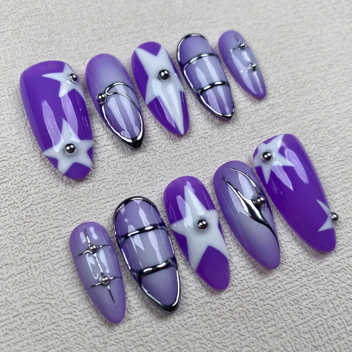 Black Purple Press On Nails, Y2K Spring Summer Stars Nails