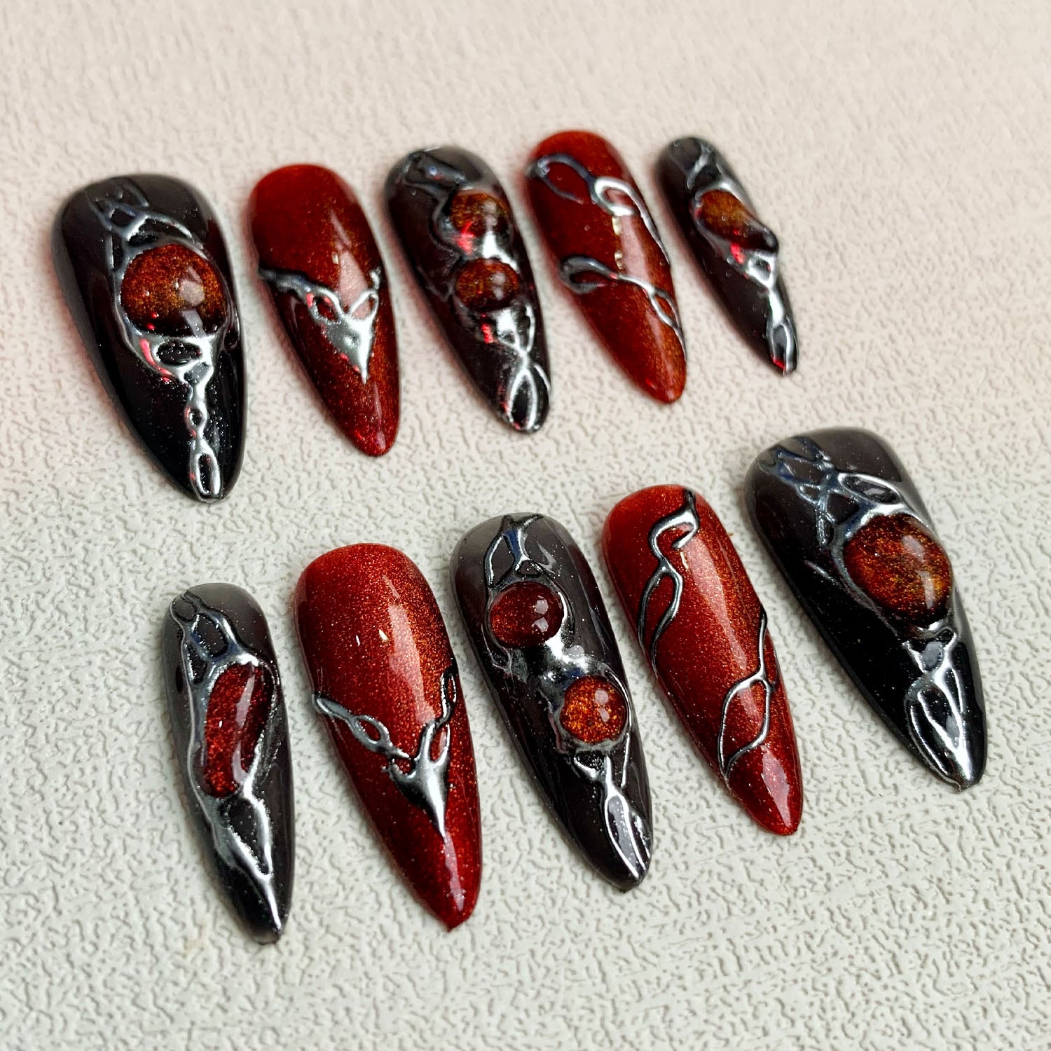 Red Cat Eye Press On Nails, Dark Gothic Punk Y2K Press On Nails