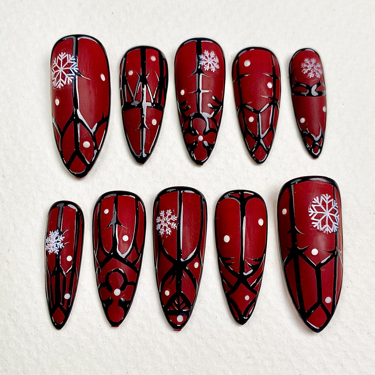 Winter Crimson Gate Press-On Nails – Red Matte Gothic Fake Nails with Snowflakes