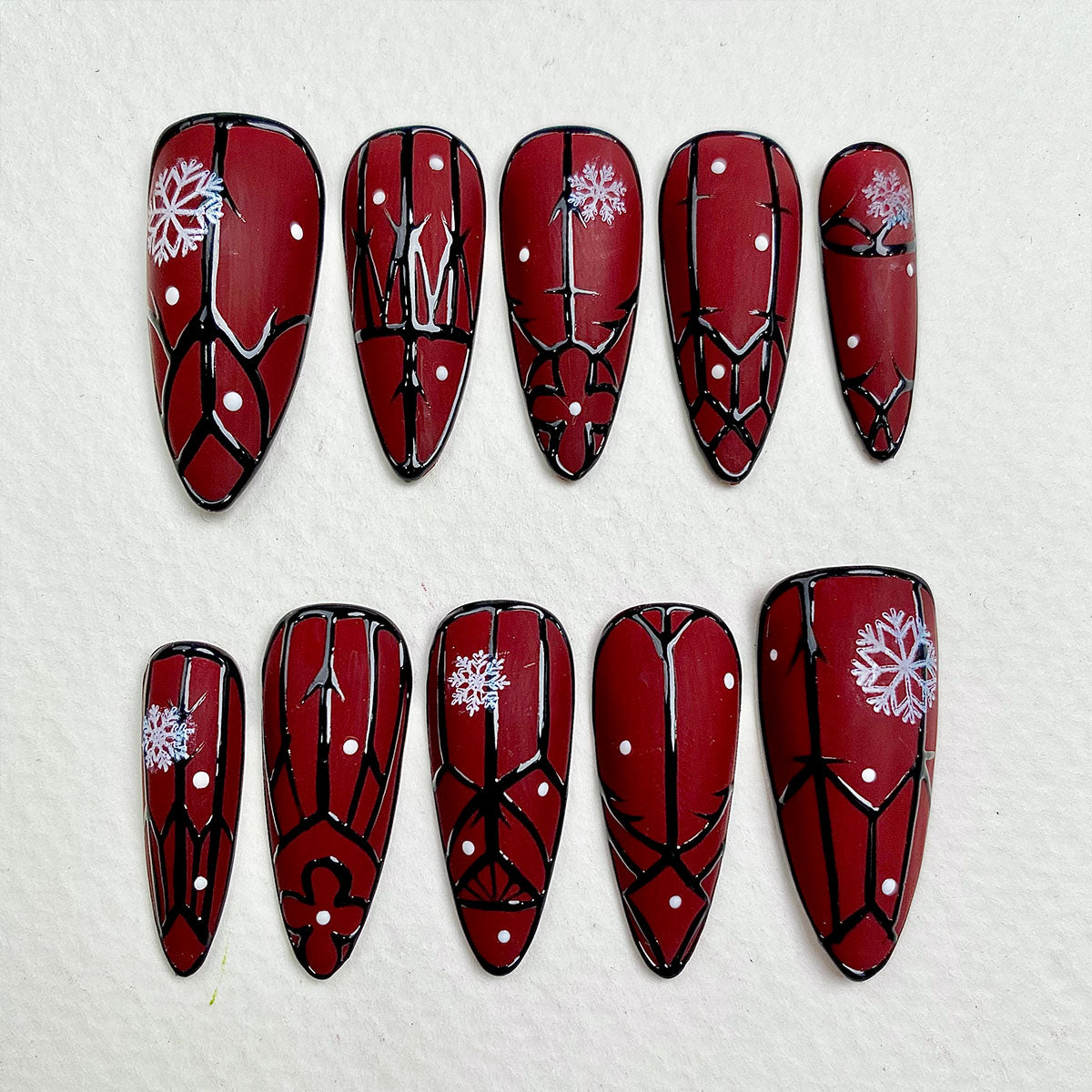 Winter Crimson Gate Press-On Nails – Red Matte Gothic Fake Nails with Snowflakes