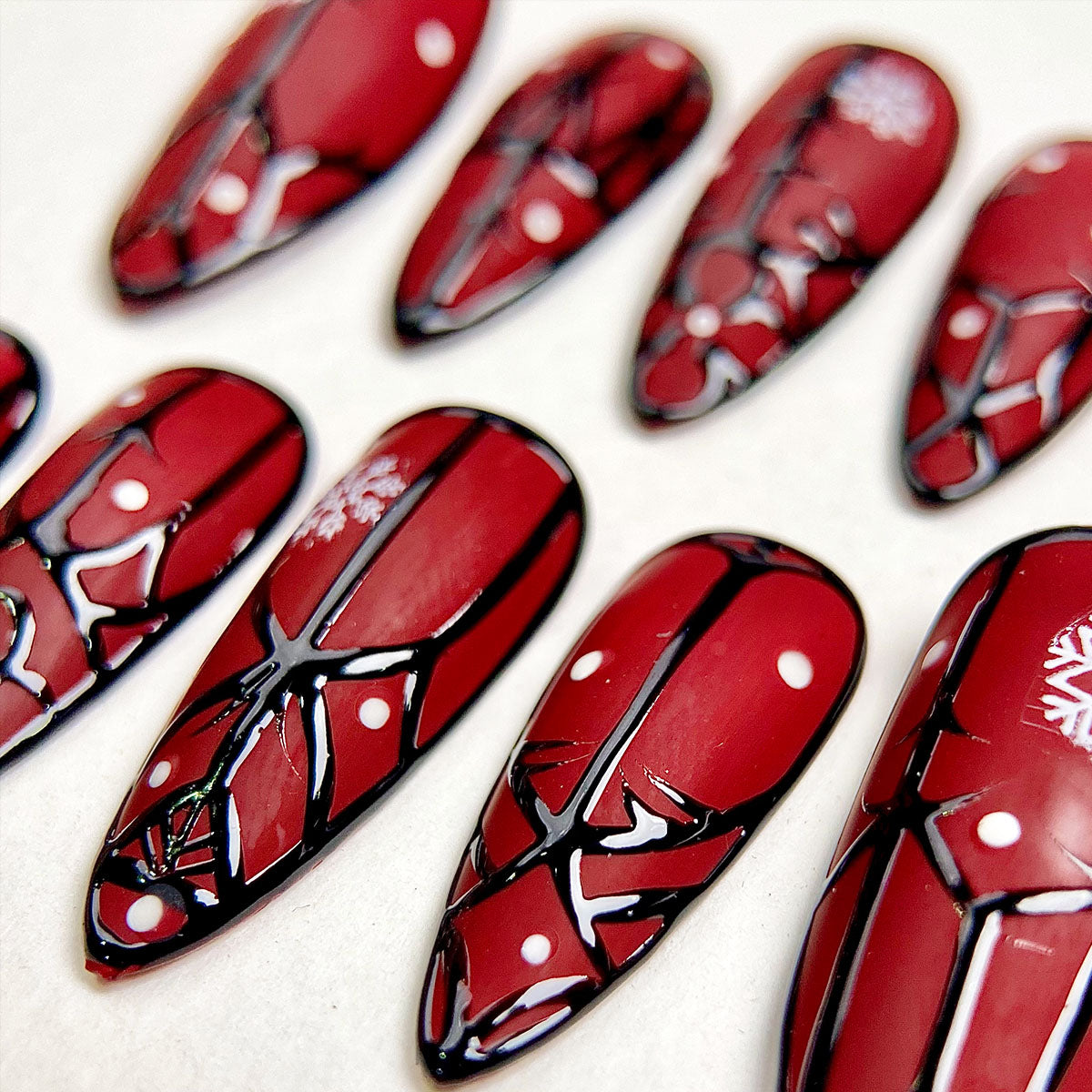 Winter Crimson Gate Press-On Nails – Red Matte Gothic Fake Nails with Snowflakes