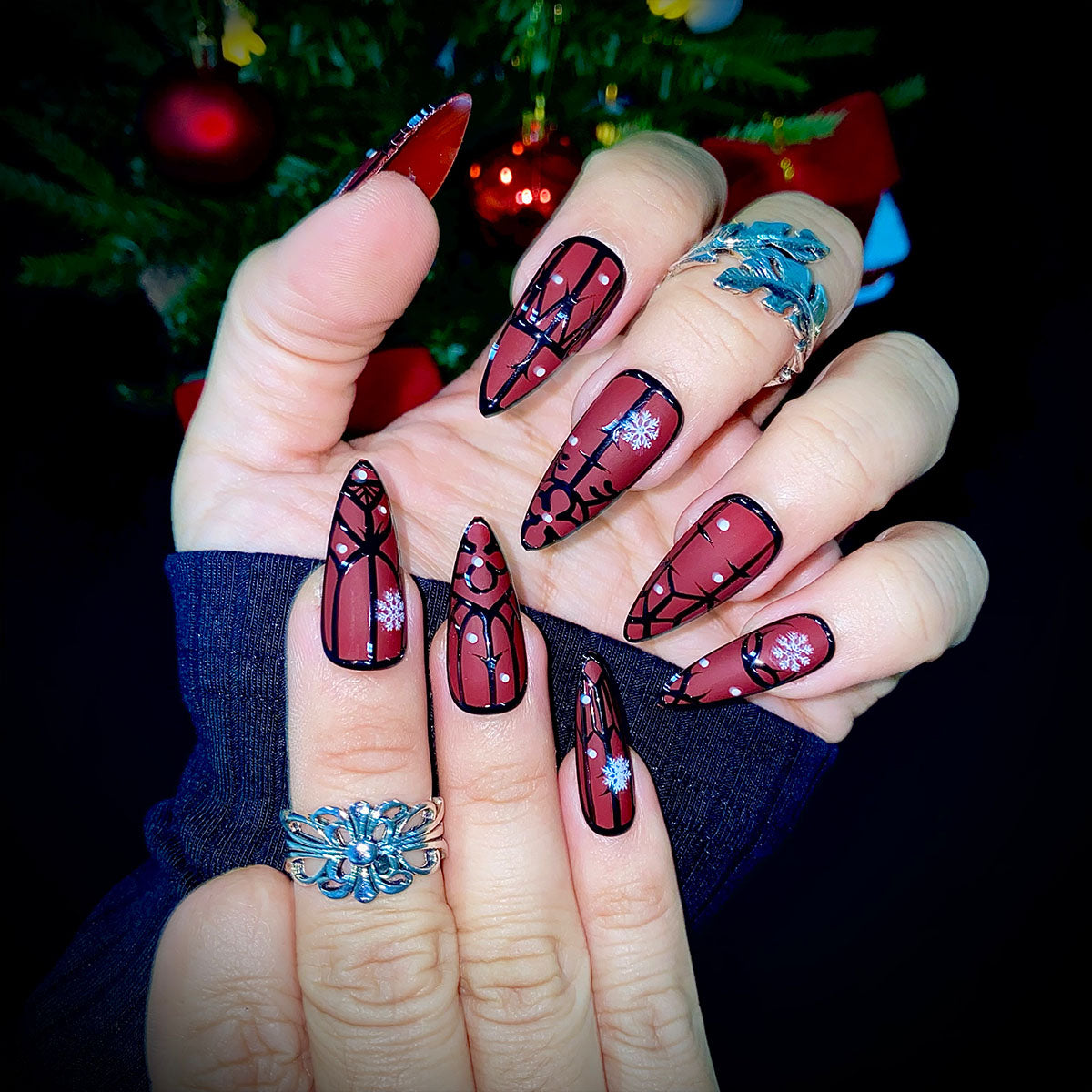 Winter Crimson Gate Press-On Nails – Red Matte Gothic Fake Nails with Snowflakes