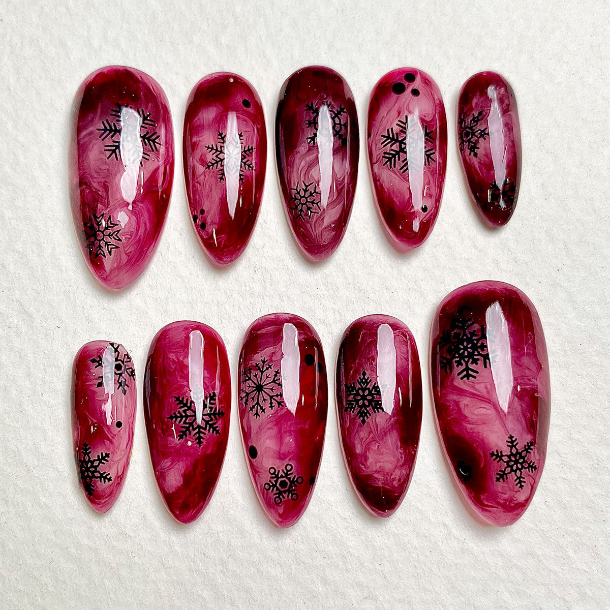 Red Smoke Press-On Nails – Gothic Marble Fake Nails with Snowflakes