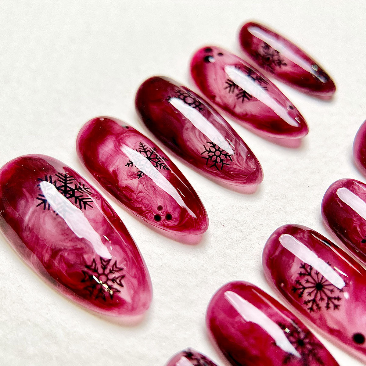 Red Smoke Press-On Nails – Gothic Marble Fake Nails with Snowflakes