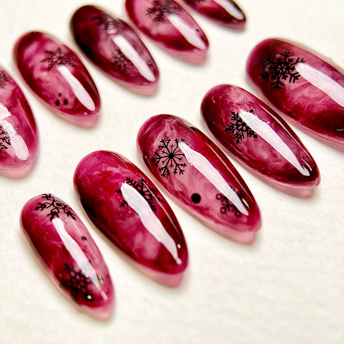 Red Smoke Press-On Nails – Gothic Marble Fake Nails with Snowflakes