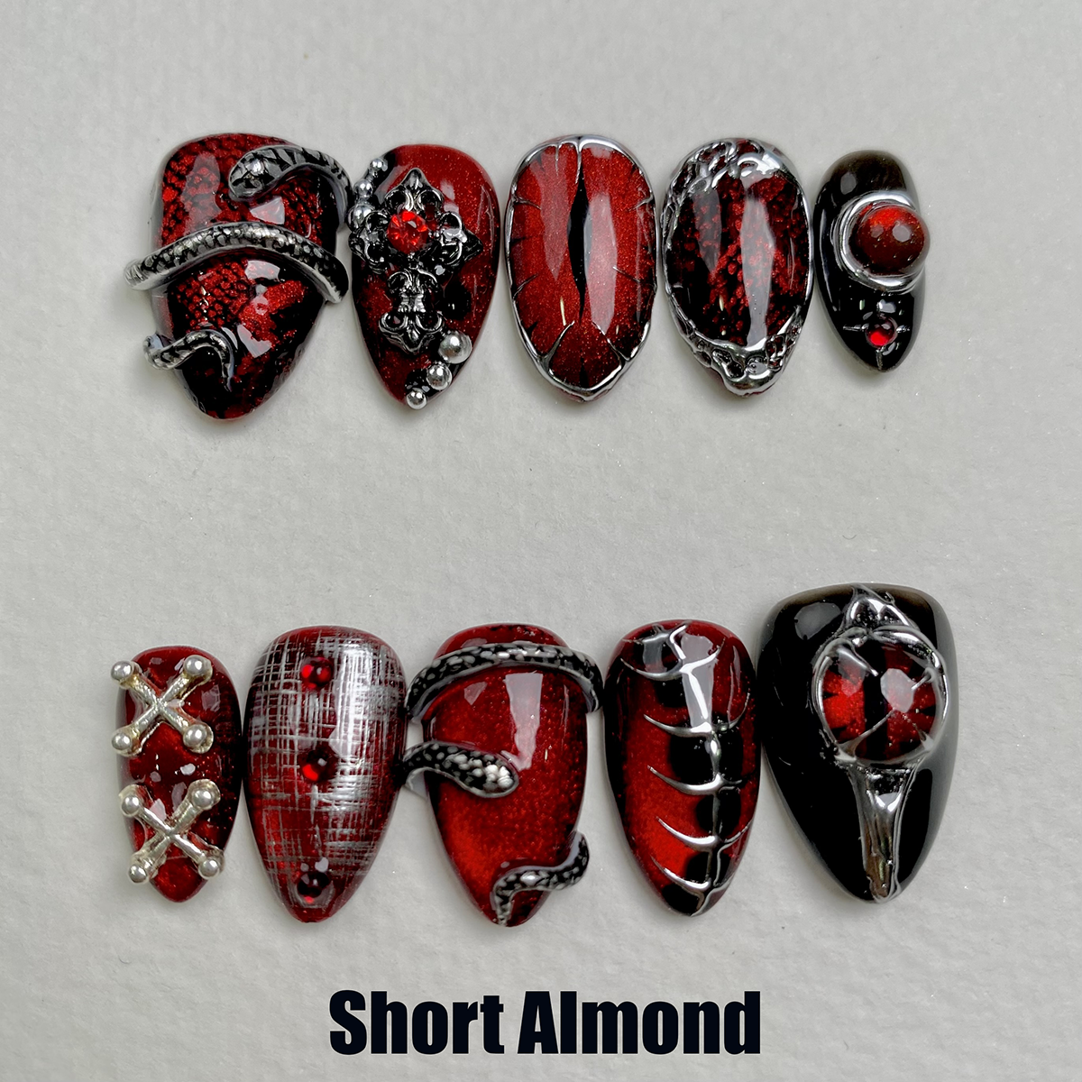 Snakeblood Hex – Red Black Press-On Nails, Gothic Metal Snake Eyes Fake Nails