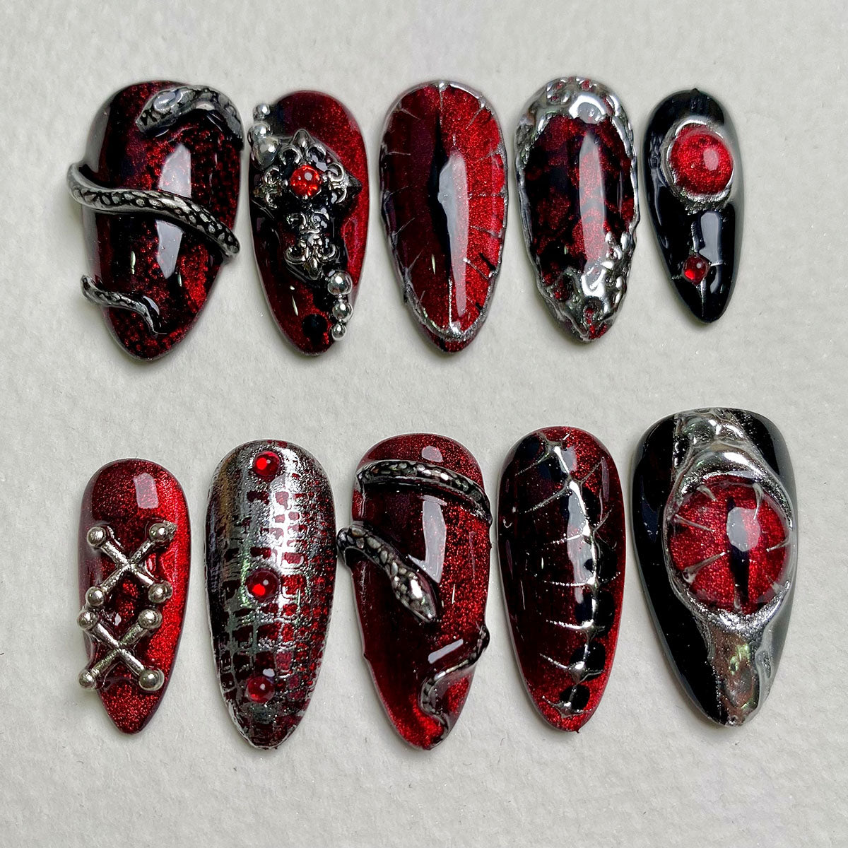 Snakeblood Hex – Red Black Press-On Nails, Gothic Metal Snake Eyes Fake Nails