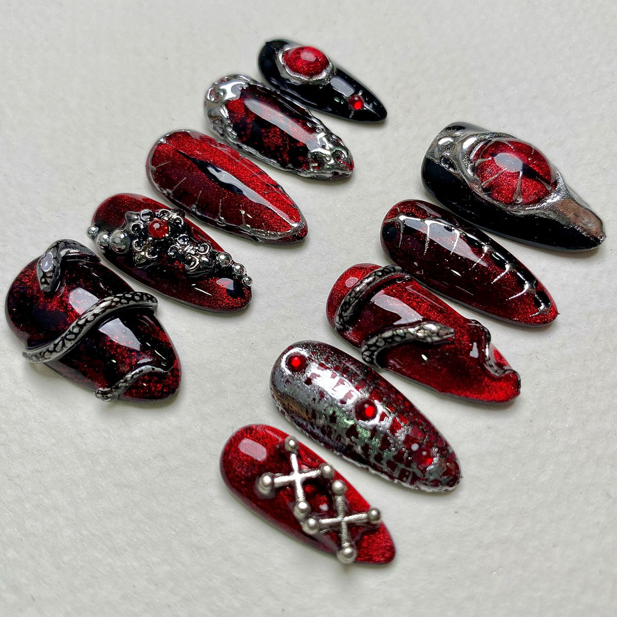 Snakeblood Hex – Red Black Press-On Nails, Gothic Metal Snake Eyes Fake Nails